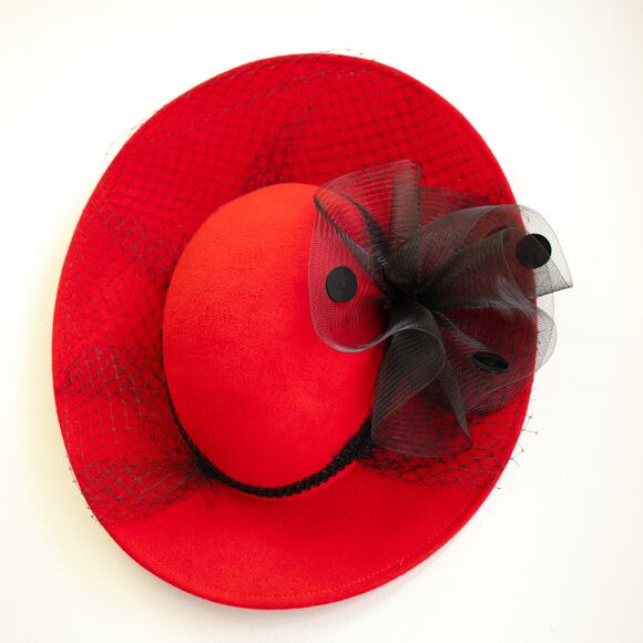 Retro 80s Red Wool Church Hat Wide Brim - Picture 1 of 5